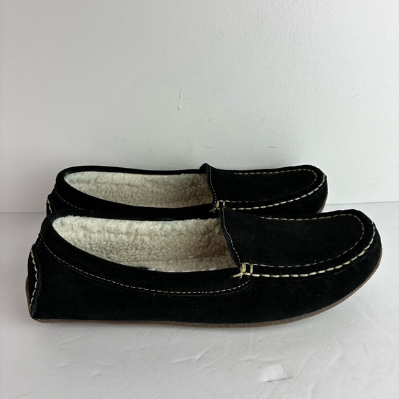 L.L. Bean Black Suede Leather Fleece-Lined Slippers Moccasins NWOT - Picture 2 of 7